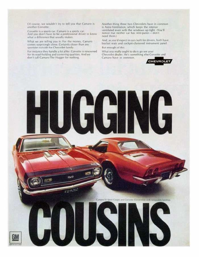 Vintage auto ad: Camaro and Corvette, Hugging Cousins
